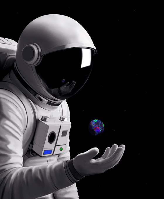 A 3D render of an astronaut in a white spacesuit holds a small, colorful Earth in their open hand against a starry black background.