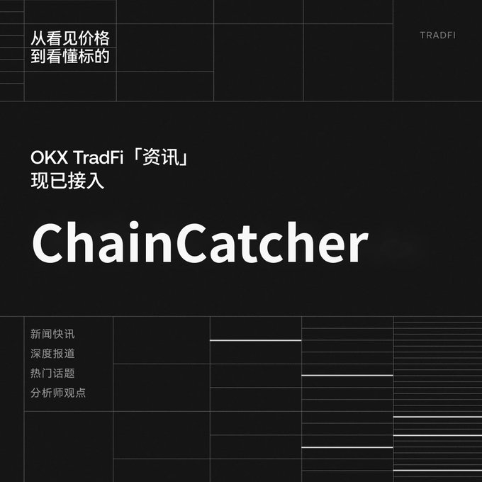 A promotional graphic with a black background featuring white text announcing that OKX TradFi "资讯" (News) has integrated with ChainCatcher, highlighting content categories including 新闻快讯 (News Flashes), 深度报道 (In-depth Reports), 热门话题 (Hot Topics), and 分析师观点 (Analyst Perspectives), with the tagline 从看见价格到看懂标的 (From seeing prices to understanding assets) in the top corner.
