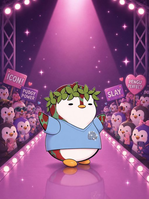 A cartoon penguin character wearing a green laurel wreath, red headband, and blue shirt stands on a pink-lit runway surrounded by penguin fans holding signs reading 'ICON!', 'PUDGY POWER', 'SLAY', and 'PENGU PERFECT'.