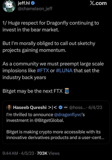 A tweet from @chameleon_jeff (jeff.hl) discussing Dragonfly's investment in Bitget, with the text: 'Huge respect for Dragonfly continuing to invest in the bear market. But I'm morally obliged to call out sketchy projects gaining momentum. Bitget may be the next FTX.'