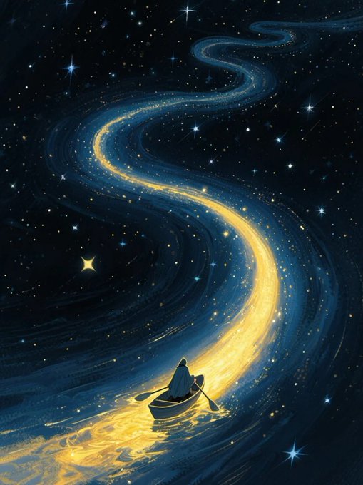A digital painting depicts a lone figure in a small boat rowing through a glowing golden river that winds through a dark, star-filled cosmic sky.