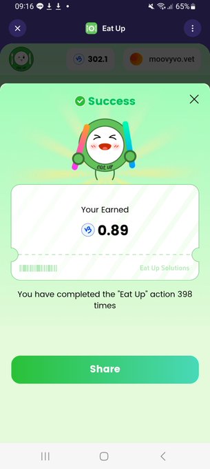 A mobile app screenshot showing a successful 'Eat Up' action completion with 0.89 tokens earned, a green Duolingo-style character celebrating, noting the user has completed the action 398 times.