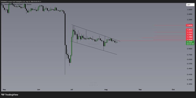 A TradingView daily candlestick chart for the $M/USDT pair (Mantle) on Binance shows price consolidation within a descending parallel channel between roughly $1.10 and $1.30, with horizontal resistance levels marked at 1.1576, 1.1744, 1.2367, 1.3156, 1.3499, and 1.4512, visually supporting the post's claim that a break above the 1.1576 resistance could trigger a significant upward move.