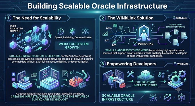 An infographic titled 'Building Scalable Oracle Infrastructure' detailing the WinLink solution for Web3 scalability, highlighting Web3 ecosystem growth and empowering developers with future-ready infrastructure.