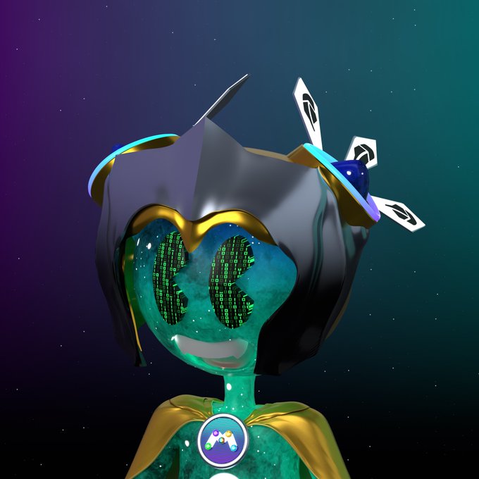 A stylized 3D character with a digital Matrix-style code face, wearing a gold-accented helmet and yellow cape, with a gaming controller icon on its chest against a starry background.