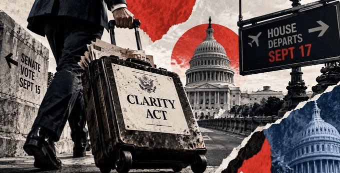 A political graphic titled 'CLARITY ACT' features a silhouette pulling a suitcase, set against a backdrop of the U.S. Capitol with signs reading 'SENATE VOTE SEPT 15' and 'HOUSE DEPARTS SEPT 17'.
