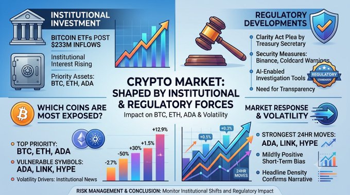 A crypto market infographic titled 'CRYPTO MARKET: SHAPED BY INSTITUTIONAL & REGULATORY FORCES' details Bitcoin ETF inflows of $233M, regulatory developments including the Clarity Act, and lists top priority and vulnerable symbols including BTC, ETH, ADA, LINK, and HYPE.