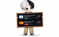 A chibi-style anime character holding a scoreboard showing match results with '$1.07' and '$3.96' displayed.