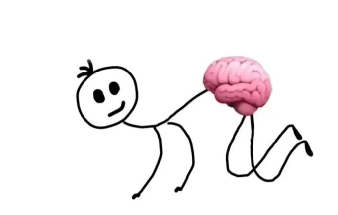 The image shows a crudely drawn stick figure with a confused expression, having a realistic human brain for a body instead of a torso. It humorously relates to the post "how to make money from crypto" by depicting the mental confusion and overthinking involved in trying to understand cryptocurrency investing.
