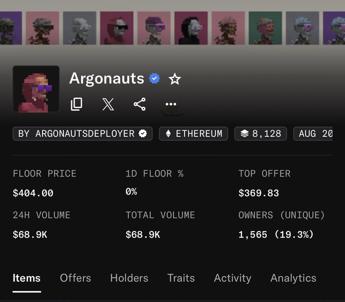 An NFT collection page for 'Argonauts' on Ethereum, showing a verified pixel-art profile, a floor price of $404.00, a top offer of $369.83, and 1,565 unique owners.