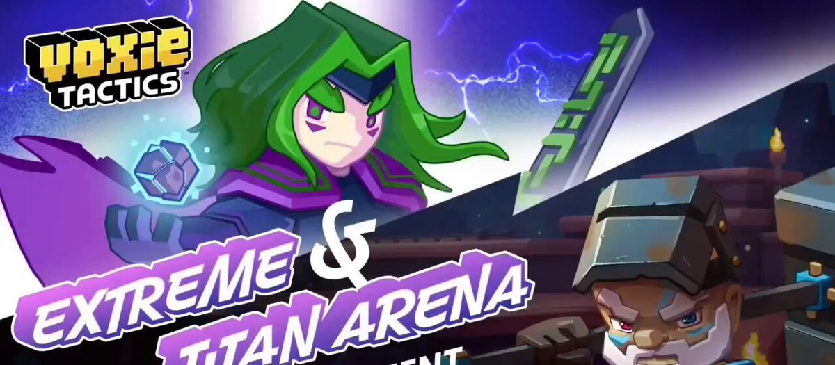 The image features an advertisement for a video game tournament called "Extreme & Titan Arena Tournament III". The poster showcases two characters from the game, one with green hair and another with blue hair, standing against a purple background. They are both holding weapons, ready for battle in front of a castle-like structure. The text on the poster reads "Extreme & Titan Arena Tournament III is now LIVE @VoxieTactics May 28, 4:00 PM UTC - May 11, 4:00 PM UTC Powered by @Immutable".