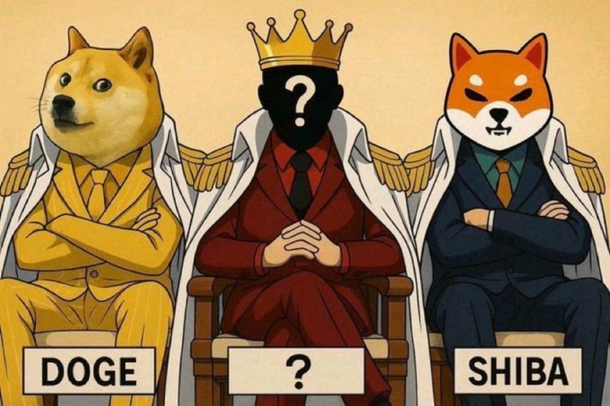 An illustration shows three figures seated on thrones: a Doge on the left labeled 'DOGE', a Shiba Inu on the right labeled 'SHIBA', and a mysterious crowned figure in the middle labeled with a '?' between them.