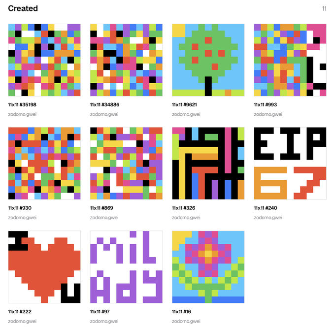 A screenshot of an NFT gallery titled 'Created' displaying a grid of 11 pixel art 1x1 tokens with various designs and IDs, all minted by zodomo.gwei.