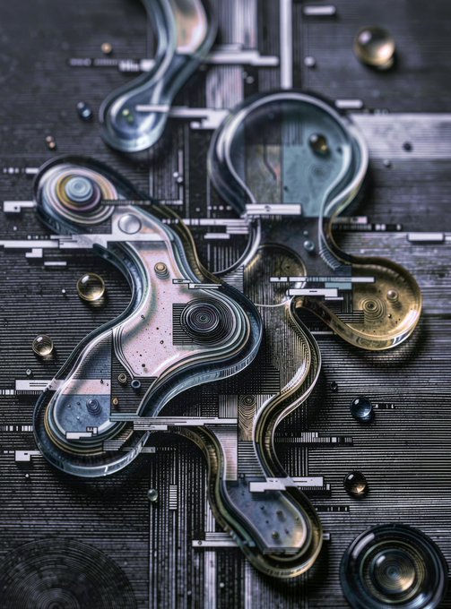 A close-up abstract view of computer circuitry or chip components with metallic curves and circuits on a dark textured surface.