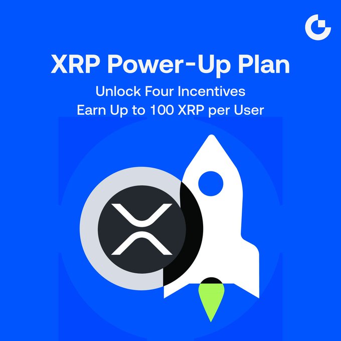 The image shows a graphic of a rocket with an "X" symbol above it, indicating that this is part of an advertisement for a cryptocurrency called Ripple. The post discusses the XRP Power-Up Plan, which allows users to earn up to 100 XP per user by using Ripple coins or tokens in various ways, such as trading them for XRP or earning reward points when making transactions on Ripple.