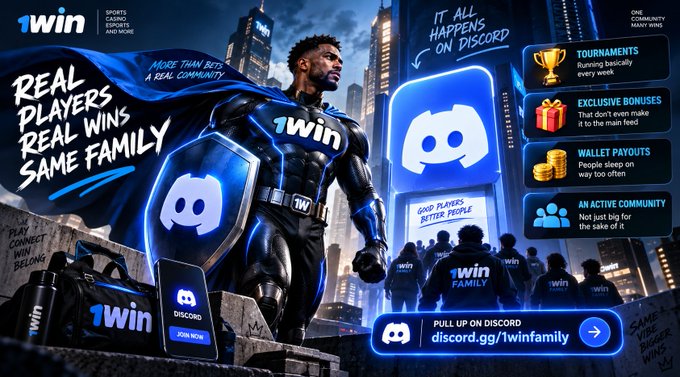 A promotional banner for '1win' featuring a muscular Black man in a futuristic suit with '1win' branding, advertising Discord community benefits including tournaments, exclusive bonuses, wallet payouts, and 'REAL PLAYERS REAL WINS SAME FAMILY'.
