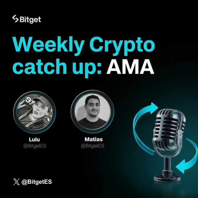 A promotional graphic for Bitget titled 'Weekly Crypto catch up: AMA' featuring host photos for Lulu (@BitgetES) and Matias (@BitgetES), alongside a vintage microphone illustration and the social handle X @BitgetES.