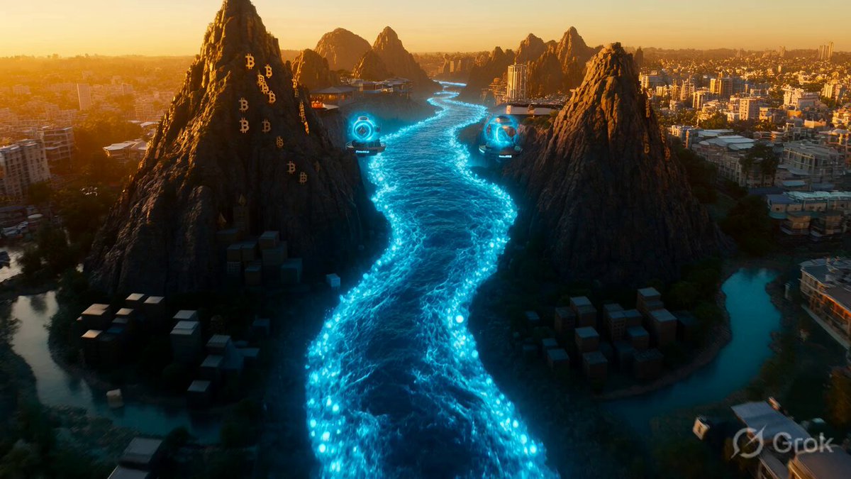 The image features an aerial view of a river with blue water flowing through a mountainous landscape. The river appears to be carving its way through the mountains, creating a sense of movement and dynamism. In addition to the natural elements, there are also man-made structures present in the scene, such as buildings located on the banks of the river. These buildings add an urban touch to the otherwise wild and untouched landscape. The image is accompanied by a caption that reads "THE RIVER IS CARVING LEGENDS THROUGH SOLID ROCK RIGHT NOW While the timeline floods with noise, @RiverdotInc & @River4fun are flowing different - silent power, unstoppable momentum".