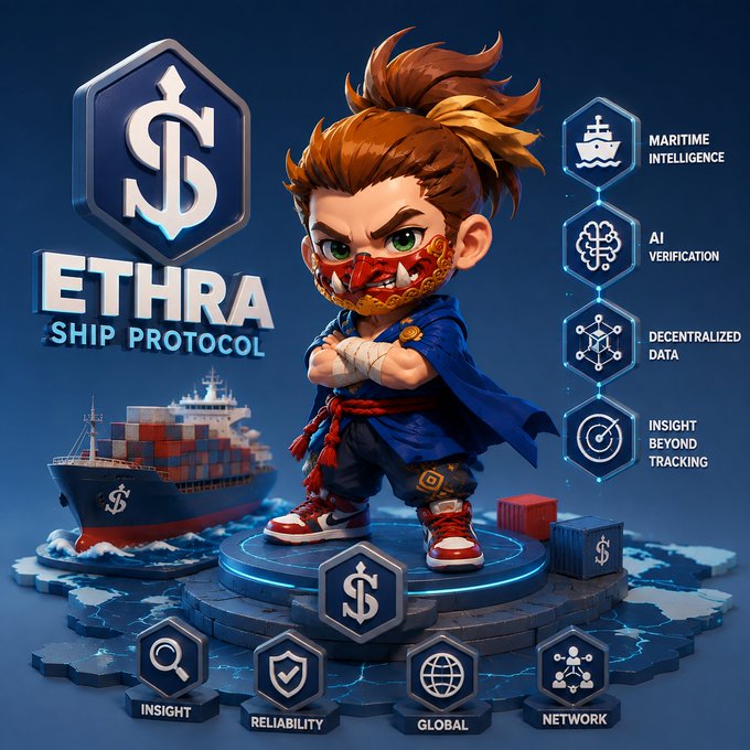 A promotional graphic for 'ETHRA SHIP PROTOCOL' features a cartoon character with a red bandana and a cargo ship, alongside icons highlighting 'Maritime Intelligence,' 'AI Verification,' 'Decentralized Data,' and 'Insight Beyond Tracking.'