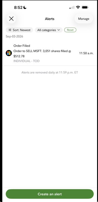 Mobile app screenshot showing an alerts interface with a notification that reads 'Order Filled - Order to SELL M$FT: 3,051 shares filled @ $512.78' dated Sep-03-2026.