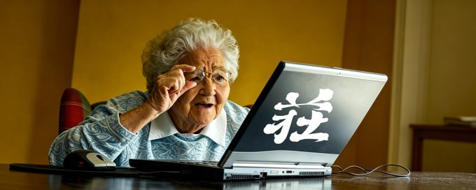 An elderly woman adjusts her glasses while looking at a laptop screen displaying the Chinese character '莅' (lì), appearing puzzled or surprised.