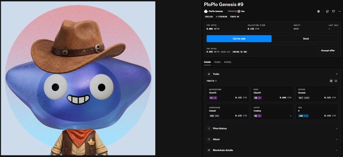 A split view showing a blue cartoon mascot character wearing a cowboy hat on the left, and a dark-themed dashboard interface for 'PloMo Genesis #9' displaying analytics and trading metrics on the right.