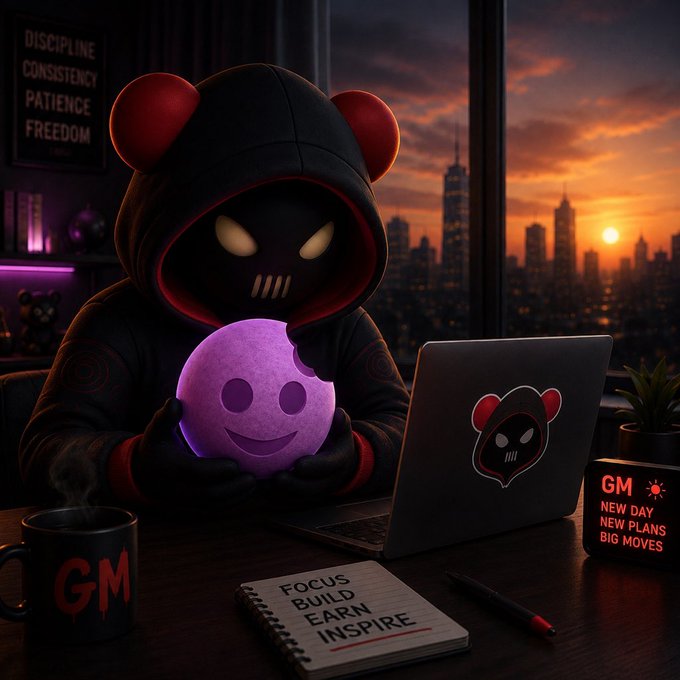 A digital illustration of a hooded figure with a skull face and red ear-like protrusions holding a glowing purple smiley face sphere, sitting at a desk with a laptop. A mug reads 'GM', a notebook says 'FOCUS BUILD EARN INSPIRE', and a sign says 'DISCIPLINE CONSISTENCY PATIENCE FREEDOM'.