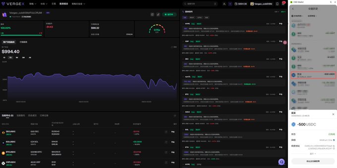A VergeX cryptocurrency trading dashboard shows a portfolio down 1.41% with a balance of $994.40 (0.99832 ETH) and a recent transaction of -500 USDC, illustrating the poster's cautionary point that flashy profit screenshots from AI trading bots don't tell the whole story—you need to verify actual performance and underlying transactions before trusting them.