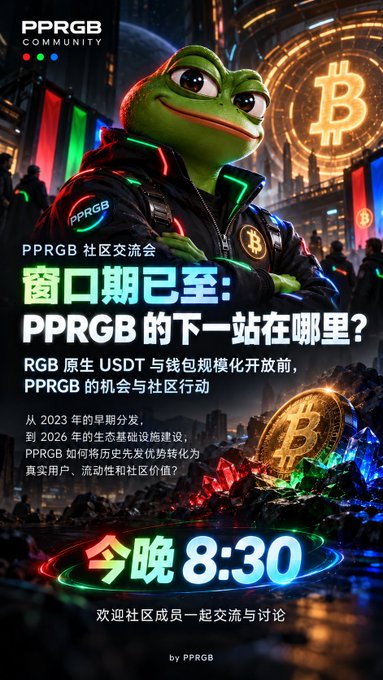 A Chinese-language promotional poster featuring a frog character (PPRGB) with Bitcoin imagery, advertising 'PPRGB社区交流会' (PPRGB Community Exchange) titled '窗口期已至：PPRGB的下一站在哪里？' scheduled for tonight at 8:30.