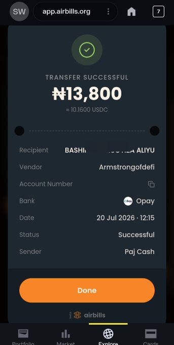 A mobile screenshot of an app.airbills.org transfer confirmation showing 'TRANSFER SUCCESSFUL' for ₦13,800 (≈10.1600 USDC) sent from 'Paj Cash' to 'BASHI ... ALIYU' via vendor 'Armstrongofdefi' through Opay bank on 20 Jul 2026 at 12:15.