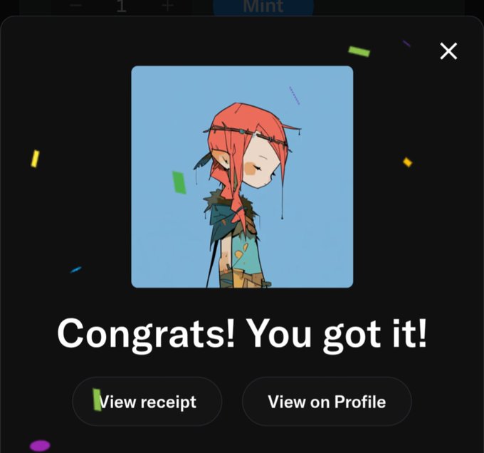 A digital interface showing a 'Congrats! You got it!' confirmation message alongside a stylized artwork of a red-haired character, with options to 'View receipt' and 'View on Profile.'