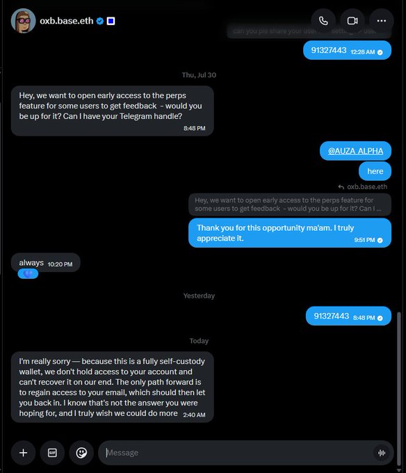 A Twitter DM conversation between user "oxb.base.eth" and @Baseapp support, showing an initial inquiry about "perps" early access that appears to have been redirected to a customer support thread where Base explains they cannot recover funds from a self-custody wallet hack, though no specific dollar amounts are visible in the chat itself.
