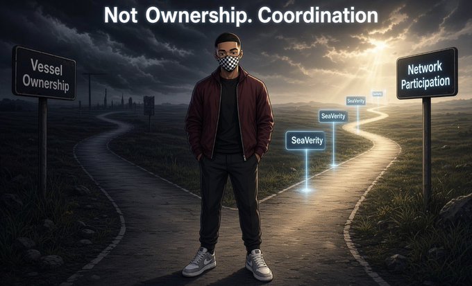 A masked man stands at a crossroads between two signs reading 'Vessel Ownership' and 'Network Participation', with glowing waypoints labeled 'SeaVerity' and the headline 'Not Ownership. Coordination'.