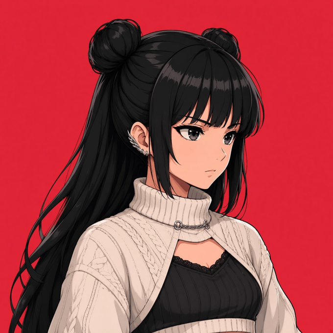 Anime-style illustration of a young woman with long black hair styled in double buns, wearing a cream cable-knit cardigan over a black top, against a red background.