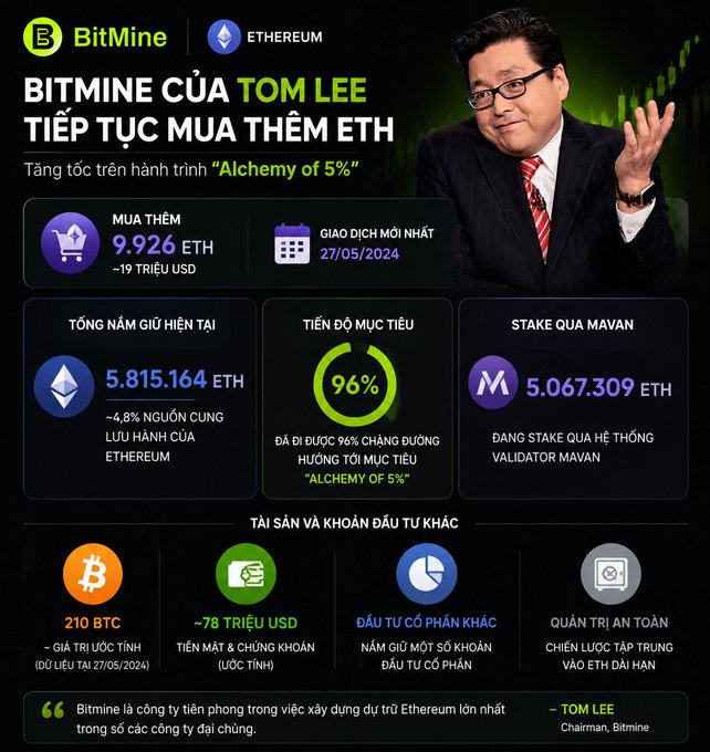 An infographic in Vietnamese titled 'BITMINE CỦA TOM LEE TIẾP TỤC MUA THÊM ETH' (BitMine of Tom Lee continues to buy more ETH), featuring a photo of Tom Lee, ETH holdings of 5,815,164 ETH, MAVAN staking of 5,067,309 ETH, and other crypto holdings, dated 27/05/2024.