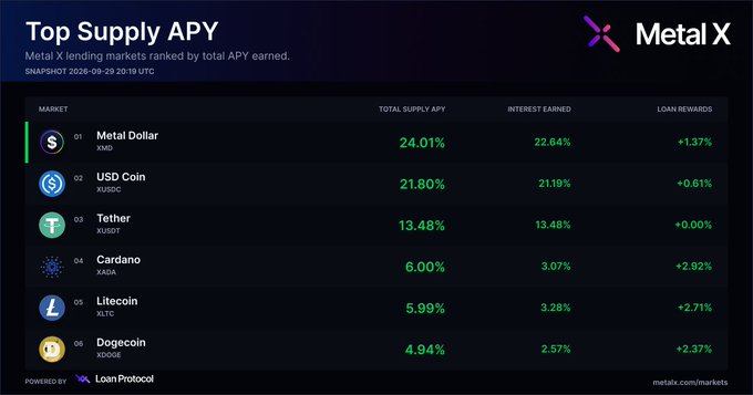 A Metal X dashboard displays top supply APY rates, with Metal Dollar leading at 24.01%, followed by USD Coin, Tether, Cardano, Litecoin, and Dogecoin.