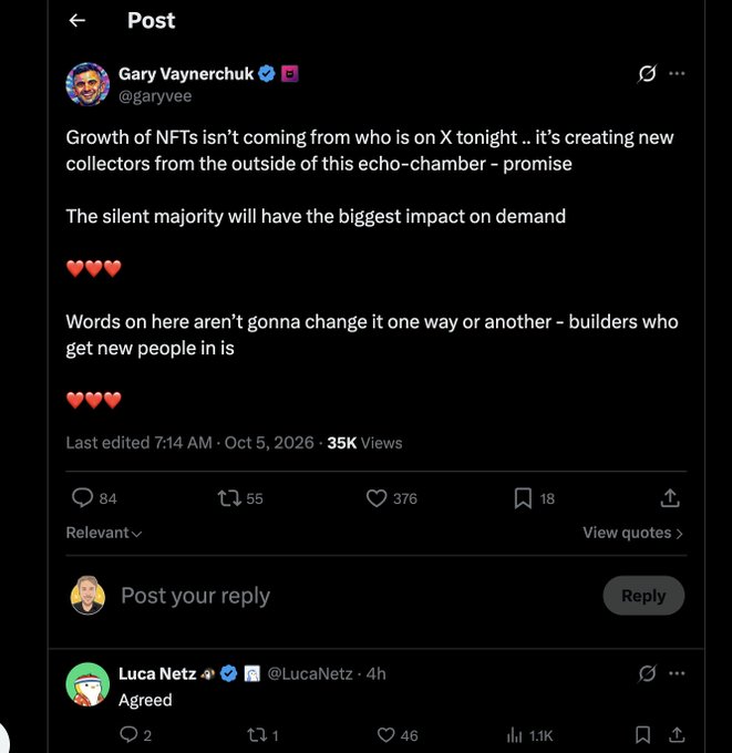 A Twitter/X post by Gary Vaynerchuk (@garyvee) discussing NFT growth coming from creating new collectors outside the echo-chamber, noting that 'builders who get new people in is' what matters, with engagement metrics showing 35K Views.