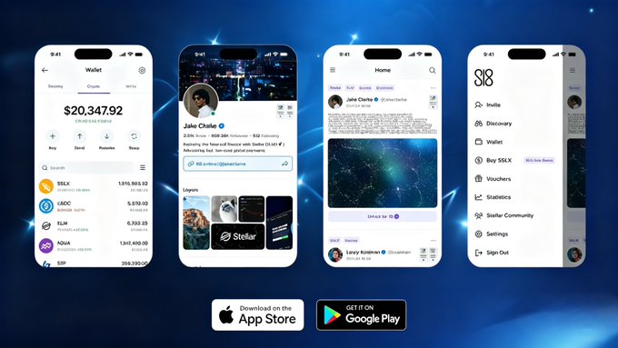 A promotional graphic showcasing four mobile app screens for a cryptocurrency platform, displaying a wallet balance of $20,347.92, a profile page for 'Jake Clarke', and menu options including Invite, Discovery, and Vouchers, with App Store and Google Play download badges.