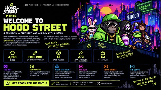 A promotional webpage for 'HOOD STREET MINIS' NFT collection featuring 4,269 pixel minis, a free mint on Robinhood Chain, and cartoon street-art style characters.