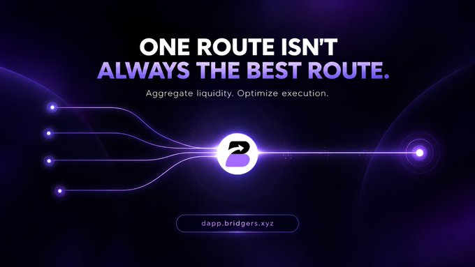 An advertisement for dapp.bridgers.xyz with the headline 'ONE ROUTE ISN'T ALWAYS THE BEST ROUTE.' and 'Aggregate liquidity. Optimize execution.' showing purple lines converging into a single point.