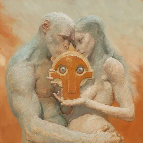 A surreal painting of two pale, intertwined humanoid figures tenderly holding an ancient cross-shaped artifact with wide, staring eyes, against a warm orange background. The image evokes themes of sacred relics and guardianship, fittingly illustrating the precious, collector-worthy nature of the NFT being traded between crypto wallets.