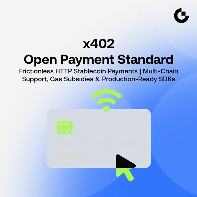 Promotional graphic for 'x402 Open Payment Standard' by a company with a 'G' logo, featuring a credit card with WiFi signal and a cursor, describing 'Frictionless HTTP Stablecoin Payments | Multi-Chain Support, Gas Subsidies & Production-Ready SDKs'.