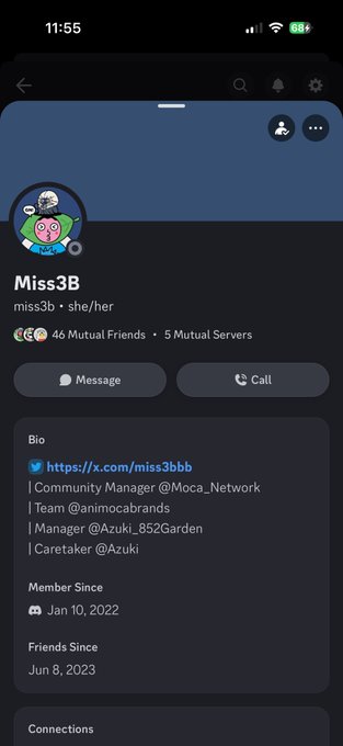 A Discord profile page on mobile for user 'Miss3B' (miss3b, she/her) showing 46 Mutual Friends and 5 Mutual Servers, with a bio listing roles at @Moca_Network, @animocabrands, @Azuki_85ZGarden, and @Azuki, member since Jan 10, 2022 and friends since Jun 8, 2023.