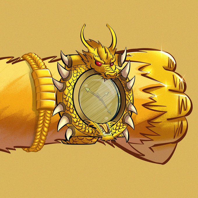 A golden dragon tattoo design featuring red eyes, claws, and a clock/watch face in the center.