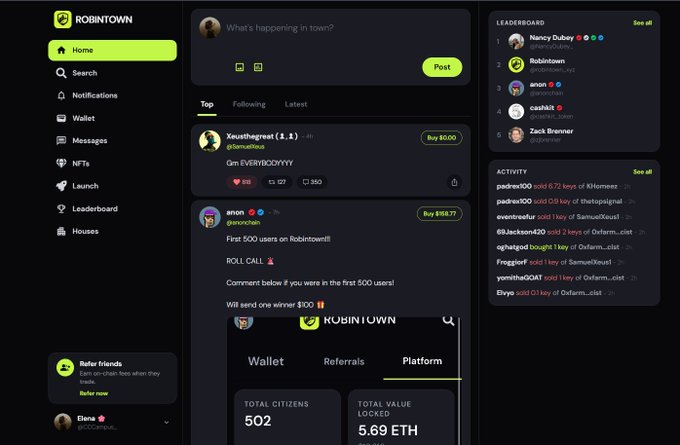 A screenshot of the Robintown platform interface showing a social media feed with posts from users like 'anon', a leaderboard ranking users including 'Nancy Dubuy' and 'Robintown', and platform stats showing 502 total citizens and 5.69 ETH total value locked.