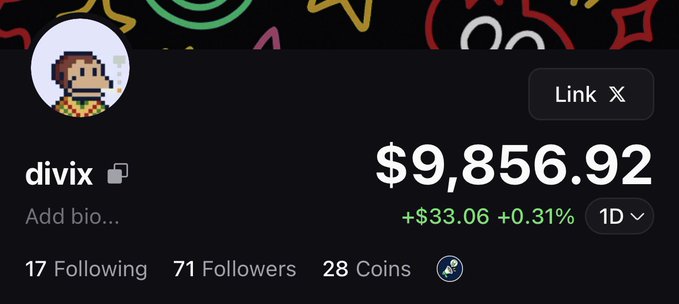 A social media profile for "divix" shows a portfolio value of $9,856.92 with a daily gain of +$33.06 (+0.31%), suggesting it's being used to promote credibility for a $SOL airdrop giveaway. The profile has 71 followers and 28 coins, indicating the user is leveraging their trading success to attract participants for the $500 prize pool.