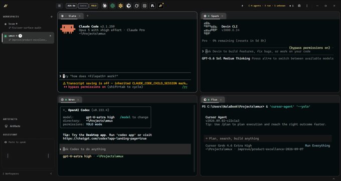 A dark-themed Claude Code workspace shows a State panel with a permissions warning, a Devin CLI chat, a Write/Opus terminal, and a Files panel running gpt-5-extra-high in C:\Users\YallaBook\Projects\lamux.