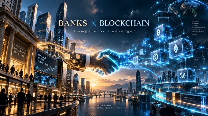 A futuristic digital illustration titled 'BANKS × BLOCKCHAIN: Compete or Converge?' depicting a glowing handshake between a human hand and a robotic hand against a cityscape backdrop. Floating blockchain and crypto icons surround the scene with various text fragments like 'A STRONGER TOMORROW TOGETHER', 'FINANCE MEETS WHAT'S NEXT', and 'SAME PEOPLE, BRIGHTER FINANCIAL TOMORROW'.