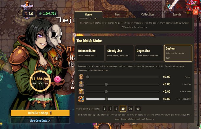 A screenshot from a mobile game showing a character named Mireille at her shop, with a "The Dial & Stake" gacha interface featuring Balanced, Steady, Degen, and Custom lines for drawing treasures.
