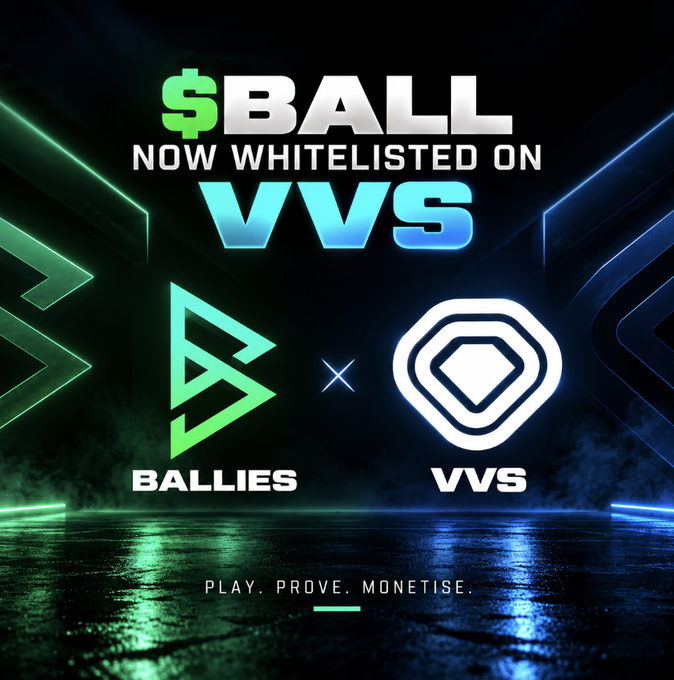 Promotional graphic announcing "$BALL NOW WHITELISTED ON VVS" featuring the Ballies and VVS logos with the tagline "PLAY. PROVE. MONETISE."